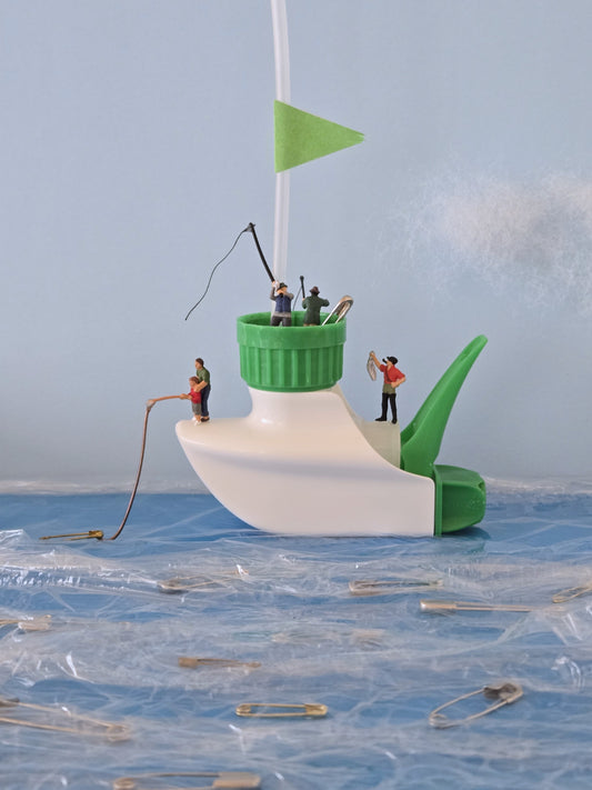 Tug Boat Fishing for Safety Pins Fish Greeting Card